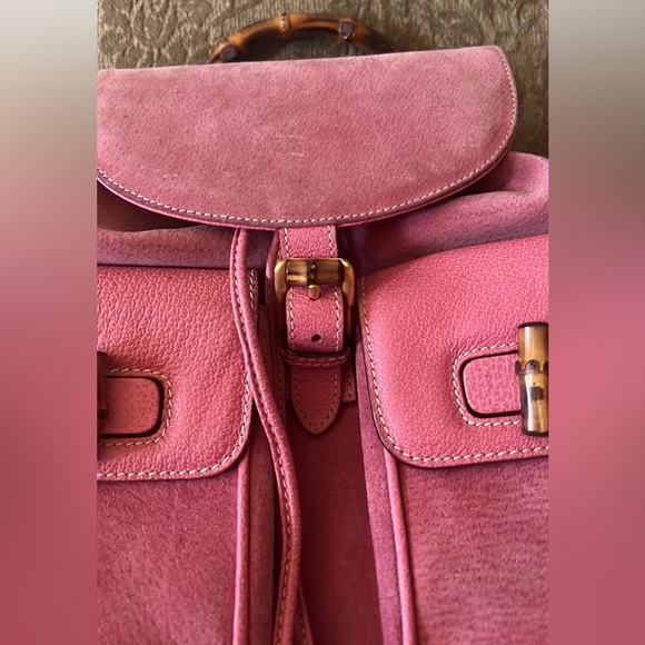 Beautiful HTF Pink Suede & Leather GUCCI Backpack w/Bamboo handle and Closures - Picture 8 of 12
